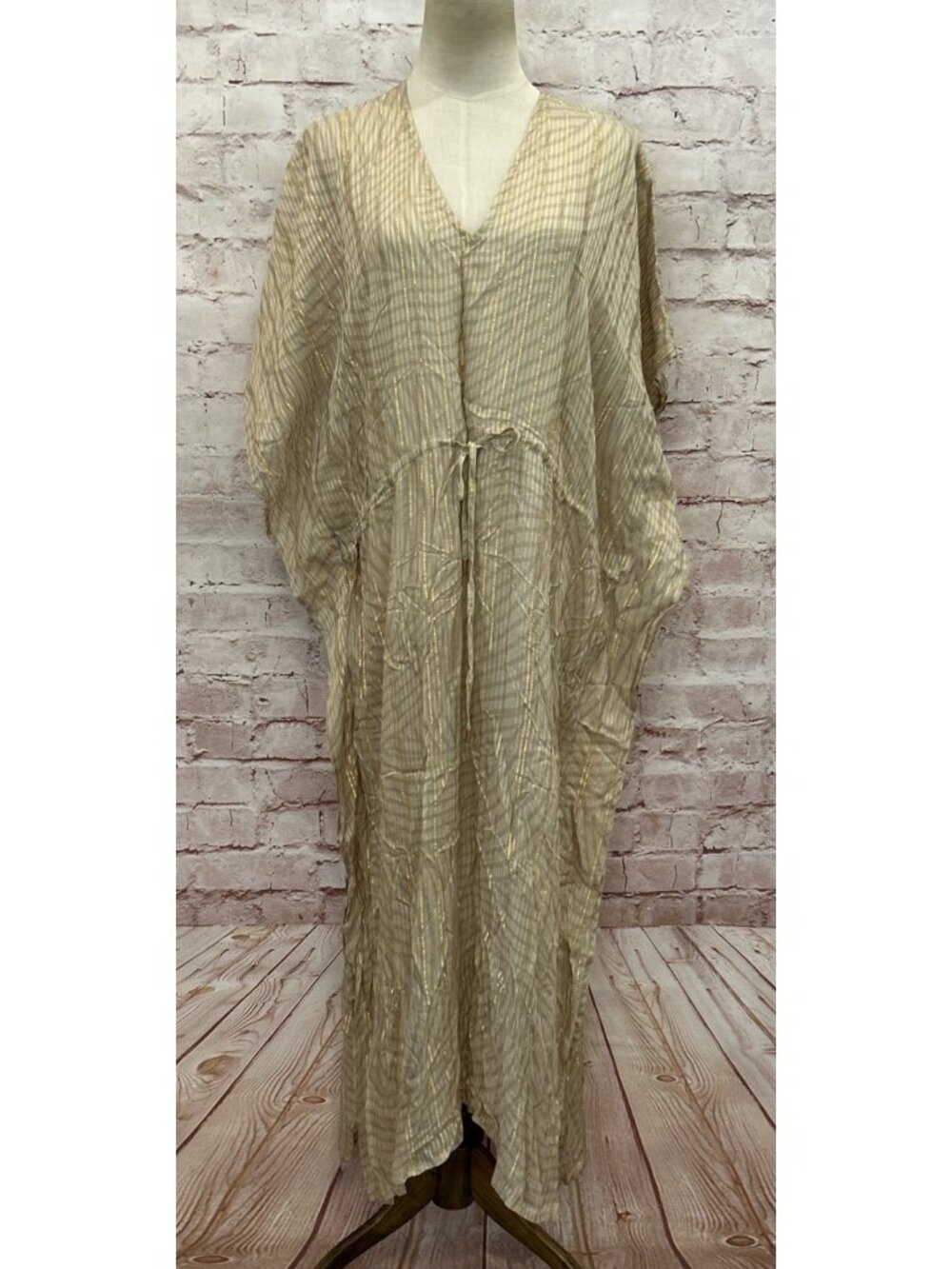 Blank London Anthropologie Sheer Dress Caftan Kaftan Gold Beige Stripe One Size